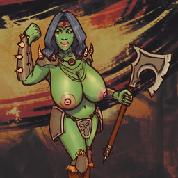 accessory areola armor axe battle_axe big_breasts black_hair breasts brown_eyes clothed clothing curvy_figure female flexing gem green_body green_skin hair headband holding_object holding_weapon huge_breasts jewelry long_hair melee_weapon navel necklace nipples not_furry pink_areola pink_nipples pose ruby_(gem) skimpy solo spiked_armor spikes standing teeth topless tusks unconvincing_armor voluptuous weapon boobsgames humanoid orc