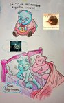 anthro bed belly big_belly blue_body blue_eyes bodily_fluids bottomwear clothing dessert duo eating food furniture genital_fluids obese overweight pants pastry pie pillow shirt sitting solo text topwear underwear urine wet_bed tamagokematula unicorn_wars azulin_(unicorn_wars) gordi_(unicorn_wars) bear mammal 2023 meme spanish_text