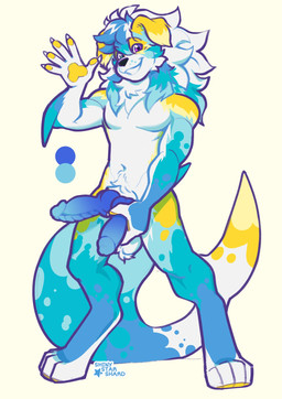 2_penises animal_genitalia anthro ball_tuft blue_body blue_penis digitigrade genitals gesture hair heterochromia holding_penis knot knotted_penis long_hair male multi_genitalia multi_penis multicolored_body navel nude penis pubes ridged_knotted_penis ridged_penis sheath smile solo tuft waving waving_at_viewer white_body yellow_body shinystarshard cypress_(nautiloti) aquatic australian_shepherd canid canine canis domestic_dog fish herding_dog hybrid mammal pastoral_dog shark sheepdog hi_res trans_(lore) trans_woman_(lore)
