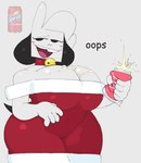 anthro beverage_can big_breasts blush breasts choker cleavage clothed clothing collar dress female floppy_ears holidays jewelry liquid_on_breast necklace sharp_teeth smile solo spilled_drink teeth tight_clothing wet white_body wide_hips kaydude christmas sprite_(soda) sprite_cranberry fbomb_(kaydude) canid canine canis domestic_dog mammal