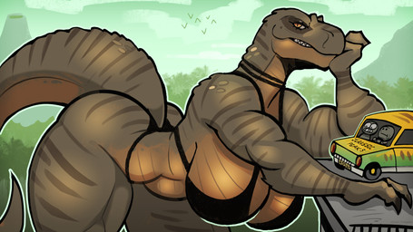 ambiguous_gender ambiguous_human anthro arm_support barrier big_breasts big_butt black_bra black_clothing black_lingerie black_thong black_underwear bra breasts butt car claws clenched_teeth clothing cloud female green_body green_scales group head_on_hand huge_breasts larger_female leaning_on_elbow lingerie looking_back male muscular muscular_anthro muscular_arms muscular_female muscular_legs plant pupils road scales scared sharp_teeth size_difference slit_pupils smaller_human staring_at_chest stripes tail teeth thick_thighs thinking thong tree trio underwear vehicle volcano mister_feelgood jurassic_park universal_studios rexy_(jurassic_park) avian bird dinosaur human humanoid mammal prehistoric_species reptile saurischian scalie theropod tyrannosaurid tyrannosauroid tyrannosaurus tyrannosaurus_rex 16:9 4k absurd_res hi_res widescreen