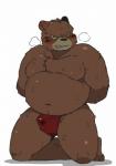 angry anthro asian_clothing belly blush bodily_fluids brown_body brown_fur bulge clothed clothing east_asian_clothing fundoshi fur genital_fluids japanese_clothing kemono kneeling looking_at_viewer male moobs navel nipples overweight overweight_anthro overweight_male precum precum_through_clothing precum_through_underwear red_clothing red_fundoshi red_underwear simple_background solo sweat underwear underwear_only wet wet_clothing white_background yellow_eyes ugarasi12 sdorica dagger_(sdorica_sunset) bear mammal 2020