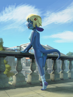 anthro balcony blonde_hair blue_body blue_nipples blue_tail bracelet breasts building cloud countershading ear_tuft eyelashes female glistening glistening_body hair jewelry leg_markings looking_at_viewer markings necklace nipples non-mammal_breasts non-mammal_nipples nude nude_anthro nude_female plantigrade raised_heel sky small_breasts smile smiling_at_viewer socks_(marking) solo standing tail tuft young young_anthro young_female apis_(artist) alicia_(apis) scalie absurd_res hi_res
