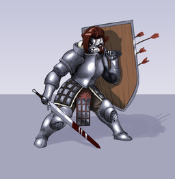 angry anthro armor arrow_(weapon) battle blood bodily_fluids brown_body brown_fur brown_hair fangs female fight fur fur_collar guard hair knight markings melee_weapon muscular muscular_anthro muscular_female plate_armor ranged_weapon shield simple_background solo sword teeth warrior weapon white_body white_fur thecumrat blizzard_entertainment warcraft bear mammal pandaren red_pandaren absurd_res hi_res