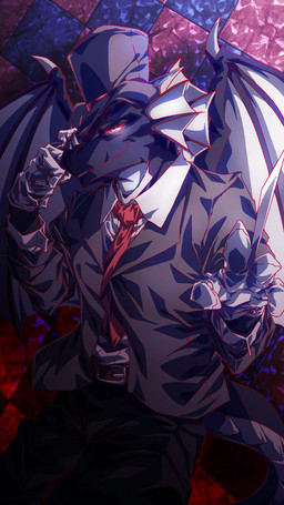 anthro black_body card claws clothing dorsal_fin dorsal_frill ear_fins fin frill_(anatomy) grey_body hat headgear headwear horn looking_at_viewer male multicolored_body necktie red_eyes spines suit top_hat wings kayztor mythology negadrake dragon mythological_creature mythological_scalie scalie 2022 9:16 hi_res