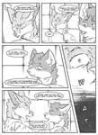 absurd_res anthro black_and_white canid canine clothed clothing comic dialogue duo english_text eric_doyle female fox hand_on_shoulder hi_res hybrid inner_ear_fluff inside kifyun2 male mammal monochrome scar simple_background speech_bubble text tuft