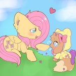 baby blue_eyes boop brown_body brown_fur clothing cloud cutie_mark duo female feral flower fur grass hair happy heart_symbol lying nose_boop on_front onesie pink_hair plant relaxing simple_background sky smile tan_body tan_fur wings yellow_body young young_female young_feral fluttermush friendship_is_magic hasbro my_little_pony mythology nintendo pokemon fluttershy_(mlp) gracie_(sweetcupcake) eevee equid equine generation_1_pokemon mammal mythological_creature mythological_equine pegasus pokemon_(species) 1:1