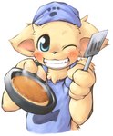 anthro apron black_nose blue_apron blue_clothing blue_eyes blue_hat blue_headwear blush clothed clothing cooking cookware food frying_pan fur grin happy hat headgear headwear holding_object holding_tool holding_utensil kemono kitchen_spatula kitchen_utensils looking_at_viewer male one_eye_closed pancake smile solo spatula teeth tools wink nekouri domestic_cat felid feline felis mammal 2009