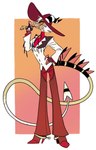 anthro bolo_tie boots bottomwear chaps chewing_grass clothed clothing cowboy cowboy_boots cowboy_hat cowboy_outfit facial_scar fingerless_gloves footwear fully_clothed gloves gold_(metal) gold_tooth hair handwear hat headgear headwear high_heeled_boots high_heels horn long_tail male pants pointed_tail red_bottomwear red_clothing red_pants scar sharp_teeth shoes side_view smile smirk solo spiked_tail spikes spikes_(anatomy) spurs standing tail tail_scar tassels teeth white_hair hypnoticmoth helluva_boss striker_(helluva_boss) demon hybrid imp hi_res