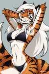 anthro arm_tuft bikini black_bikini black_clothing black_swimwear blue_eyes breasts clothed clothing elbow_tuft eyebrows eyelashes fangs female fur hair hands_behind_head inner_ear_fluff long_hair looking_at_viewer midriff navel orange_body orange_fur pink_nose pose raised_arms skimpy slim smile smiling_at_viewer solo striped_body striped_fur stripes swimwear teeth tuft two-piece_swimsuit under_boob white_body white_fur white_hair roksodraws sukena felid mammal pantherine siberian_tiger tiger 2:3