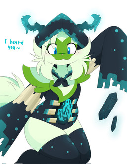 anthro blue_eyes clothed clothing crystal dialogue eyelashes female fur green_body green_fur hat headgear headwear horn legwear leotard long_sleeves looking_at_viewer simple_background solo stockings tail text white_background nakachidragon microsoft minecraft mojang nintendo pokemon xbox_game_studios fan_character mossy_(naka) domestic_cat elemental_creature felid feline felis generation_9_pokemon mammal pokemon_(species) sprigatito warden_(minecraft) 2024 digital_media_(artwork) english_text hi_res