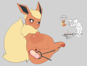 anal anal_penetration anus black_inner_ear bodily_fluids butt clothed clothing duo ear_tuft ellipsis female feral fluffy fluffy_tail fur genitals grey_background hammer holding_object holding_tongs holding_tool long_ears male male/female neck_tuft nude orange_anus orange_body orange_butt orange_ears orange_fur orange_vulva pawpads penetration quadruped red_pawpads simple_background speech_bubble sweat sweatdrop tail tongs tools tuft vulva yellow_body yellow_fur yellow_tail skeleton265 nintendo pokemon eeveelution flareon generation_1_pokemon human mammal pokemon_(species) 2025 hi_res