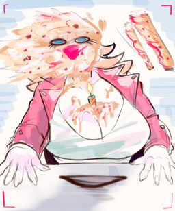 5_fingers abstract_background anthro big_breasts birthday birthday_cake birthday_candle blonde_hair blue_eyes breasts cake camera_view claws cleavage clothed clothing curvy_figure dessert eyelashes female finger_claws fingers food front_view hair huge_breasts jacket long_hair magenta_body magenta_scales multicolored_body multicolored_scales red_clothing red_jacket red_topwear scales solo topwear two_tone_body two_tone_scales voluptuous voluptuous_anthro voluptuous_female white_body white_scales deadassspider cavemanon_studios i_wani_hug_that_gator mia_moretti dinosaur hadrosaurid ornithischian ornithopod parasaurolophus prehistoric_species reptile scalie 2026 absurd_res digital_drawing_(artwork) digital_media_(artwork) hi_res