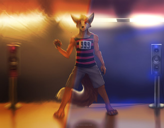 anthro bottomwear clothed clothing glowing light male shirt shorts solo speaker tail tank_top topwear koul atsu_fawx canid canine fox mammal