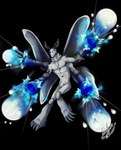 4_arms antennae_(anatomy) anthro arm_cannon arm_tuft claws grey_body heterochromia insect_wings leg_tuft lepidopteran_wings male midair multi_arm multi_limb neck_tuft nude ranged_weapon shooting solo spread_wings toe_claws tuft weapon wings yukariasano arthropod insect lepidopteran moth alpha_channel hi_res