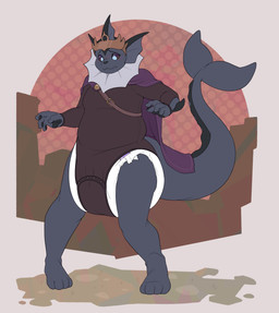 4_fingers 4_toes ambiguous_gender anthro big_diaper black_nose blush blush_lines brown_onesie button_(fastener) cape clean_diaper cleft_tail clothed clothing crown cute_fangs diaper diaper_under_clothing diaper_under_onesie dotted_background fangs feet fingers grey_body headgear looking_down onesie pattern_background purple_cape purple_clothing simple_background slightly_chubby snapsuit solo standing tail teeth toes wearing_diaper white_diaper bubblepuppers nintendo pokemon pharos_(vaporeon) eeveelution generation_1_pokemon pokemon_(species) vaporeon hi_res