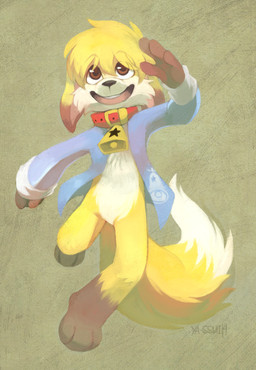 anthro bell bell_collar black_nose blonde_hair blue_clothing blue_jacket blue_topwear clothing collar cowbell cowbell_collar eyebrow_through_hair eyebrows featureless_crotch feet floppy_ears fur hair hindpaw jacket lop_ears male paws pink_inner_ear pink_tongue plantigrade red_collar running short_hair simple_background solo tail tan_background teeth tongue topwear translucent translucent_hair white_body white_fur yellow_body yellow_fur young darmp iankeaton canid canine fox mammal 2014 digital_media_(artwork) digital_painting_(artwork) full-length_portrait hi_res painting_(artwork) portrait shaded