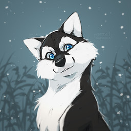 black_body black_fur black_nose blue_eyes eyebrows feral fur male plant smile snow snowing solo white_body white_eyebrows white_fur azzai canid canine canis domestic_dog husky mammal nordic_sled_dog spitz 1:1 2021 colored digital_drawing_(artwork) digital_media_(artwork) shaded