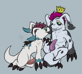 anus claws crown duo erection fangs feral fur genitals hair headgear male male/male nude penis simple_background spread_legs spreading teeth white_body charbold bandai_namco digimon fan_character digimon_(species) gomamon hi_res