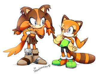 anthro blue_eyes brown_body brown_fur clothing duo eye_contact female footwear fur gloves handwear looking_at_another one_eye_closed simple_background smile wink drawloverlala sega sonic_boom sonic_the_hedgehog_(series) marine_the_raccoon sticks_the_jungle_badger badger mammal mustelid musteline procyonid raccoon 2015 4:3 hi_res signature