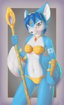 2017 abstract_background anthro bedroom_eyes bikini black_nose blue_body blue_eyes blue_fur blue_hair blush breasts canid canine clothed clothing digital_media_(artwork) dipstick_tail female fox fur hair half-closed_eyes happy hi_res holding_object inner_ear_fluff jewelry kaylafox krystal_(star_fox) looking_at_viewer mammal markings multicolored_tail narrowed_eyes naughty_face navel necklace nintendo seductive shaded short_hair smile solo staff star_fox swimwear tail tail_markings tuft two-piece_swimsuit white_body white_fur