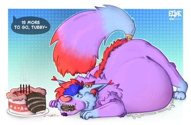 anthro belly big_belly birthday_cake blue_background blue_body blue_fur blue_hair border cake dessert dipstick_ears dipstick_tail ear_markings ear_piercing ear_ring eating eating_food food food_in_mouth fur gloves_(marking) gold_(metal) gold_ear_piercing gold_ear_ring hair huge_belly hyper hyper_belly inner_ear_fluff leg_markings lying lying_on_ground male markings multicolored_ears offscreen_character offscreen_dominant on_front on_ground open_mouth overweight overweight_anthro overweight_male piercing pink_nose purple_body purple_fur red_body red_ear_tips red_fur red_hair_tips red_inner_ear_fluff red_tail_tip resting_on_belly ring_piercing simple_background socks_(marking) solo speech_bubble stretch_marks stuffing tail tail_markings text tuft white_border eliaslynxie jackie_(eliaslynxie) domestic_cat felid feline felis hybrid mammal rodent sciurid tree_squirrel 2026 digital_drawing_(artwork) digital_media_(artwork) english_description english_text hi_res