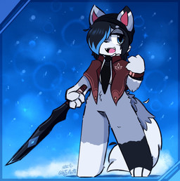 anthro biped blue_eyes countershade_fur countershading fur grey_body grey_fur holding_melee_weapon holding_object holding_sword holding_weapon looking_at_viewer male melee_weapon slim_anthro slim_male solo standing sword weapon white_body white_countershading white_fur lotsoflatte canid canine canis mammal wolf 2024 hi_res