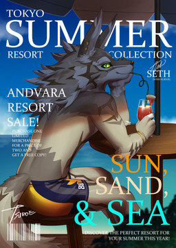 anthro brown_body brown_fur clothing drinking ear_piercing fur green_eyes looking_at_viewer male piercing sea sitting solo stripes swimwear tail text water chuurow lifewonders tokyo_afterschool_summoners seth_(tas) canid canine canis jackal mammal absurd_res cover cover_art english_text hi_res