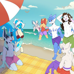 anthro anthrofied beach beach_towel beach_umbrella big_breasts bottomwear breasts clothing cloud ear_piercing ear_ring facial_piercing female femboy group heart_symbol male nose_piercing nose_ring one-piece_swimsuit palmorph parasol piercing pokemorph ring_piercing sand sitting smile swimming_trunks swimwear towel water leafylemsqweez nintendo palworld pocketpair pokemon aki_(wingedwilly) anglo_(anglo) beau_(vaporwaveon) jace_(tamashii) kason_(spindaspinda) rose_(roseneko) blaziken chillet eeveelution generation_3_pokemon generation_4_pokemon generation_5_pokemon glaceon lagomorph mammal mienshao pal_(species) pokemon_(species) spheal 1:1 hi_res