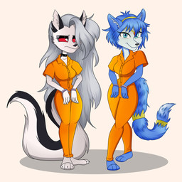 3_toes anthro barefoot bound breasts chain chained clothed clothing cuff_(restraint) duo feet female fully_clothed grumpy handcuffed handcuffs metal_cuffs orange_jumpsuit plantigrade prison_uniform prisoner restrained restraints shackles smile tight_clothing toes percibey hellaverse helluva_boss mythology nintendo star_fox krystal_(star_fox) loona_(helluva_boss) canid canid_demon canine demon fox hellhound mammal mythological_canine mythological_creature 1:1 crossover