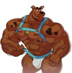 abs anthro body_hair brown_body brown_fur bulge chest_hair clothed clothing clothing_pull dark_nipples eyebrows facial_hair fur harness jockstrap male muscular muscular_anthro muscular_male nipples pecs smile solo underwear underwear_pull dumbandgreen hanna-barbera scooby-doo_(series) scooby-doo canid canine canis domestic_dog great_dane mammal mastiff molosser 2023 hi_res