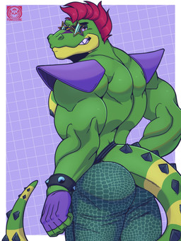 anthro back_muscles biceps big_butt big_muscles border bottomwear bracelet butt clothed clothing eyebrows eyewear facial_markings fingerless_gloves furgonomics geometric_background glasses gloves green_body grey_background grid_background hair handwear head_markings jewelry looking_at_viewer looking_back looking_back_at_viewer male markings mohawk muscular muscular_anthro muscular_male nipples non-mammal_nipples pants pattern_background pecs rear_view red_hair scales shoulder_pads simple_background smile solo spiked_bracelet spikes standing sunglasses teeth thick_thighs topless topless_anthro topless_male triceps white_border vier_punksterne five_nights_at_freddy's five_nights_at_freddy's:_security_breach scottgames steel_wool_studios montgomery_gator alligator alligatorid crocodilian reptile scalie 2022 3:4 digital_media_(artwork) hi_res watermark