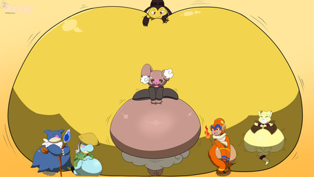 ambiguous_anthro ambiguous_gender anthro armor bag belly big_belly blue_body blue_eyes blush brown_body brown_eyes chest_tuft clothed clothing clothing_lift facial_markings female female_anthro fire flaming_tail gradient_body hat head_markings headgear headwear holding_crotch huge_belly hyper hyper_belly hyper_omorashi macro_belly markings mask_(marking) omorashi orange_body red_eyes satchel shirt shirt_lift simple_background staff straw_hat tail tan_body topwear tuft white_body yellow_background yellow_body pinkoshawott mythology nintendo pokemon amelia_(scaper12123) abra atelid bagon buneary dragon generation_1_pokemon generation_3_pokemon generation_4_pokemon haplorhine lagomorph leporid mammal mawile monferno monkey munchlax mythological_creature mythological_scalie new_world_monkey pokemon_(species) primate rabbit scalie spider_monkey 16:9 2026 4k absurd_res hi_res widescreen