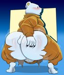 2023 absurd_res anthro backsack balls bear bepo_(one_piece) big_butt black_nose blush butt clothed clothing genitals hi_res kemono male mammal minkmen_(one_piece) one_piece overweight overweight_male polar_bear satsui-n0-had0u simple_background solo ursine white_body