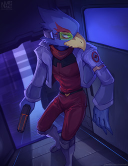 anthro armlet beak biped blue_body blue_feathers boots bottomwear cheek_tuft clothed clothed_anthro clothed_male clothing detailed_background facial_tuft feather_hands feathers footwear green_eyes gun holding_gun holding_object holding_ranged_weapon holding_weapon jacket male male_anthro multicolored_body multicolored_feathers open_clothing open_jacket open_topwear pants ranged_weapon red_body red_bottomwear red_clothing red_feathers red_pants red_shirt red_topwear shirt shoes smile solo text topwear tuft two_tone_body two_tone_feathers weapon yellow_beak nurinaki nintendo star_fox falco_lombardi avian bird 2025 artist_name digital_media_(artwork) digital_painting_(artwork) hi_res painting_(artwork) url