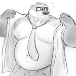 5_fingers anthro belly biped bodily_fluids bottomwear clothed clothing fingers fur looking_away male moobs necktie open_clothing open_shirt open_topwear overweight overweight_anthro overweight_male pants shirt smile solo sweat sweatdrop topwear mosin mosin_(character) mammal mustelid otter 1:1 2023 digital_drawing_(artwork) digital_media_(artwork) greyscale hi_res monochrome sketch