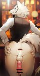 animal_genitalia animal_penis anthro anus backsack balls bartender blue_eyes blurred_background bottomless bottomless_male canine_genitalia canine_penis clothed clothing detailed_background electronics erection fur gaping gaping_anus genitals ineffective_censorship inside kemono knot looking_back male microphone partially_clothed penis rear_view solo spread_anus spreading waiter white_body white_fur dr.kiyo canid canine canis mammal wolf 2022 absurd_res alternate_version_at_source censored hi_res portrait three-quarter_portrait