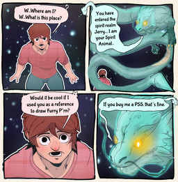 barbel_(anatomy) blue_body claws dialogue duo flesh_whiskers glowing glowing_eyes humor male spirit_animal text nellies_nest mythology dragon eastern_dragon human mammal mythological_creature mythological_scalie scalie spirit absurd_res comic english_text hi_res