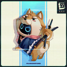 ambiguous_gender asian_clothing blue_clothing blue_eyes blue_shirt blue_topwear blush clothing diybangboo_(event) east_asian_clothing facial_scar holding_object holding_weapon japanese_clothing katana looking_back machine melee_weapon scar shirt solo sword text topwear weapon yellow_body polarissketches mihoyo zenless_zone_zero fan_character bangboo canid canine canis domestic_dog mammal robot shiba_inu spitz 1:1 2024 artist_name full-length_portrait portrait