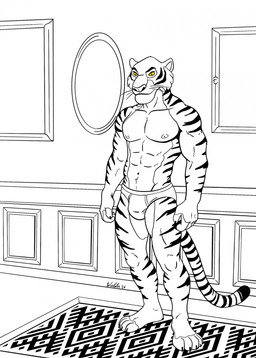 anthro black_text briefs briefs_only bulge claws clothed clothing inside male mirror muscular muscular_male navel nipples smile solo text topless topless_anthro topless_male underwear underwear_only whiskers wielder13 wielder13_(artist) shere_khan felid mammal pantherine tiger 2026 black_and_white hi_res monochrome signature