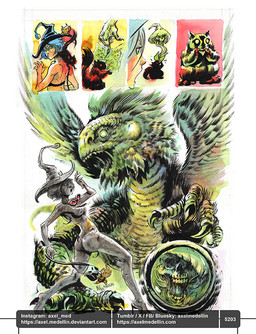 4_fingers 5_fingers ambiguous_feral ambiguous_gender bent_arm bent_legs black_body black_bottomwear black_claws black_clothing black_crop_top black_fur black_hat black_headwear black_purse black_shirt black_skirt black_tail black_topwear blue_eyes blue_hair bottomwear breasts brown_body butt claws clothed clothed_female clothed_human clothed_humanoid clothing crop_top doll empty_eyes eyelashes eyewear feathered_wings feathers featureless_limbs female female_human female_humanoid feral fingers footwear fully_clothed fully_clothed_female fully_clothed_humanoid fur goggles goggles_around_neck green_body green_clothing green_hat green_headwear green_scales green_sclera green_skin grey_body grey_clothing grey_hat grey_headwear group hair hat headgear headwear high_heels holding_object holding_purse inanimate_transformation larger_ambiguous larger_female larger_human light magic_user midriff mouthless noseless open_mouth petrification possession purse red_sclera scales sharp_teeth shirt shoes simple_background size_difference skirt small_breasts smaller_ambiguous smaller_feral smaller_humanoid spread_wings tail tan_body tan_skin teeth text text_box topwear transformation white_background white_eyes wings witch witch_hat x_eyes axelmedellin inktober mythology shapeshifter_(axelmedellin) voodoo_doll_(axelmedellin) witch_(axelmedellin) animate_inanimate ghost human humanoid living_doll mammal mythological_basilisk mythological_creature mythological_scalie rodent scalie sciurid spirit tree_squirrel 2025 artist_name colored comic dated english_description lighting painting_(artwork) pen_(artwork) shaded signature traditional_media_(artwork) url