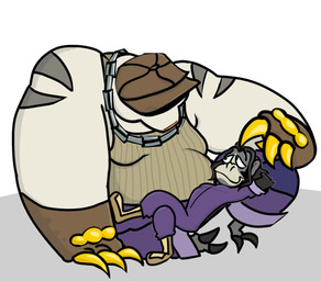anthro belly clothing cuddling duo fur gloves grey_body grey_fur handwear hat hat_over_eyes headgear headwear jumpsuit male male/male moobs overalls overweight shirt size_difference smile tank_top topwear white_body white_fur chesnaughtfan deadlock_(game) valve krill_(deadlock) mo_(deadlock) eulipotyphlan haplorhine mammal mole_(animal) monkey primate