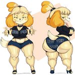 2021 animal_crossing anthro band-aid bandage belly big_breasts big_butt blonde_hair bottomwear breasts butt canid canine canis cleavage clothed clothing collar digital_media_(artwork) domestic_dog english_text female footwear front_and_back front_view fur hair hi_res high_heels hotpants huge_butt isabelle_(animal_crossing) mammal midriff mule_heels navel nintendo open_mouth potbelly purple_yoshi_draws rear_view sharp_teeth shih_tzu shirt shoes short_stack short_tail shorts solo standing suggestive_bottomwear tail teeth text text_on_bottomwear text_on_clothing text_on_hotpants text_on_shirt text_on_shorts text_on_topwear thick_thighs tongue tongue_out topwear toy_dog wide_hips yellow_body yellow_fur
