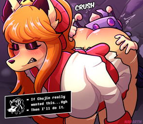 anthro asian_clothing big_breasts big_butt breasts butt clothed clothing dialogue duo east_asian_clothing female fur hair japanese_clothing machine male male/female mini_giantess orange_hair text nauartn naufragowo undertale undertale_(series) undertale_yellow axis_(undertale_yellow) ceroba_ketsukane canid canine fox mammal robot absurd_res english_text hi_res