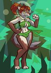 3_toes 4_fingers abstract_background amber_eyes anthro arm_tuft barefoot breasts brown_body brown_fur calf_tuft cleavage clothed clothing elbow_tuft feet female fingers fist fur green_background green_clothing hair hip_tuft leg_tuft looking_at_viewer midriff navel red_hair shoulder_tuft simple_background smile smiling_at_viewer solo standing toeless_(marking) toes tuft under_cleavage aygee laika_(aygee) canid canine canis mammal wolf 2023 digital_media_(artwork)