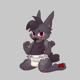 ambiguous_gender anthro black_body black_fur blush clean_diaper clothed clothing diaper diaper_only eyebrows fur grey_body grey_fur markings object_in_mouth pacifier pacifier_in_mouth pawpads red_eyes red_pawpads solo striped_body striped_fur striped_markings stripes toddler topless wearing_diaper young young_anthro rhapsody_tenrai rhapsody_tenrai_(character) canid canine canis mammal wolf 1:1 2026 digital_drawing_(artwork) digital_media_(artwork) hi_res signature