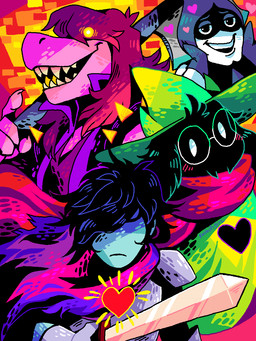 abstract_background anthro armor black_body black_fur blush bracelet cape clothed clothing empty_eyes eyewear female fur glasses group hair hat headgear headwear heart_symbol holding_melee_weapon holding_object holding_sword holding_weapon jewelry looking_at_viewer male melee_weapon pauldron polearm scarf sharp_teeth smile spiked_bracelet spikes standing sword teeth weapon koolaid-girl deltarune undertale_(series) kris_dreemurr lancer_(deltarune) ralsei susie_(deltarune) bovid caprine darkner goat human humanoid mammal reptile scalie 2018 digital_media_(artwork) hi_res microsoft_paint_(artwork) signature watermark
