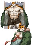 abs anthro biceps body_hair duo happy_trail hug male muscular muscular_anthro muscular_male pecs pubes striped_body stripes vein veiny_muscles traver009 coach_ho felid mammal pantherine tiger absurd_res hi_res