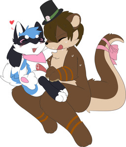 accessory ambiguous_gender anthro blush bodily_fluids bow_ribbon clothing duo eyes_closed furgonomics genital_fluids hat headgear headwear intersex intersex/male male paws precum ribbons sex sweat sweatdrop tail tail_accessory tail_bow tail_ribbon thigh_sex top_hat cloud_flooff nintendo pokemon fan_character toby_(otter) generation_4_pokemon mammal mustelid otter pokemon_(species) riolu river_otter absurd_res hi_res