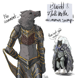 anthro armor biped cloak clothed clothing dialogue duo fangs hair headgear helmet male midriff simple_background talking_to_another teeth text bluedaddysgirl elden_ring fromsoftware blaidd_(elden_ring) maliketh_(elden_ring) canid canine canis mammal wolf 1:1 2022 absurd_res digital_media_(artwork) english_text hi_res signature